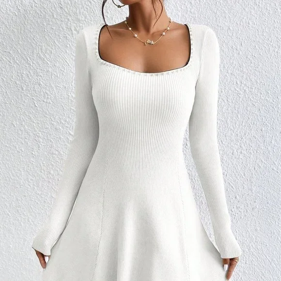 Sweetheart Neck Ribbed Knit Sweater Dress White - Picture 5 of 5